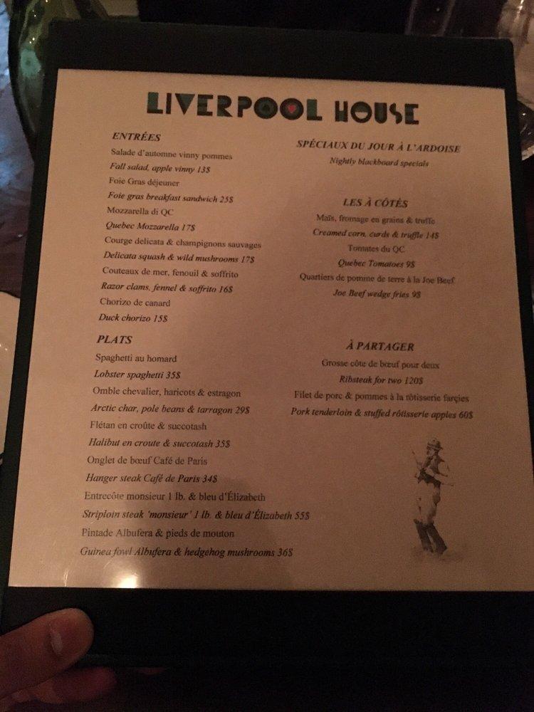 Menu au Liverpool House restaurant, Montréal