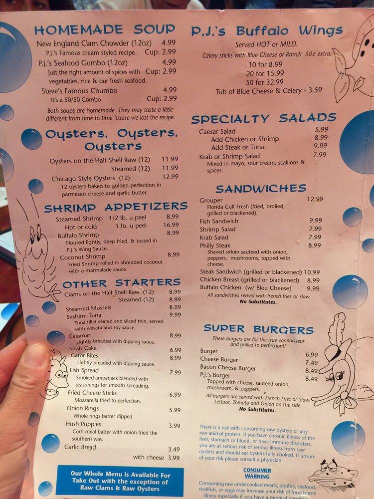 Menu at P.J.'s Oyster Bar, Indian Rocks Beach