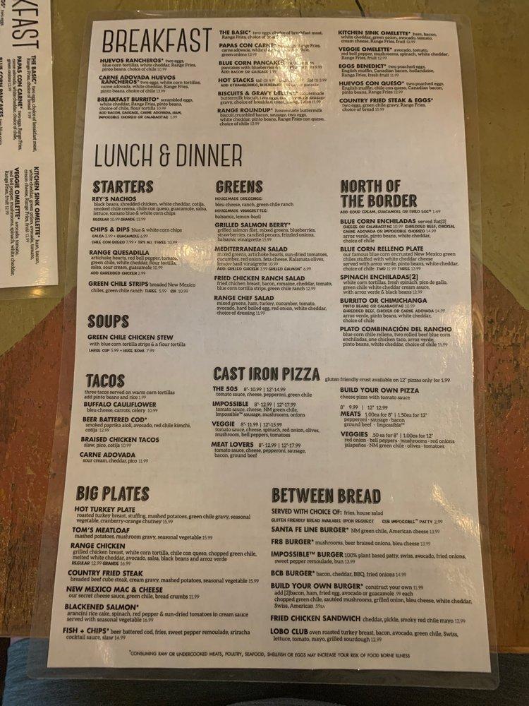 Menu at Range Cafe Los Lunas, Los Lunas