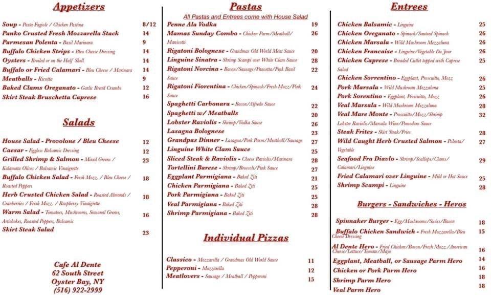 Menu at Cafe Al Dente, Oyster Bay, 62 South St