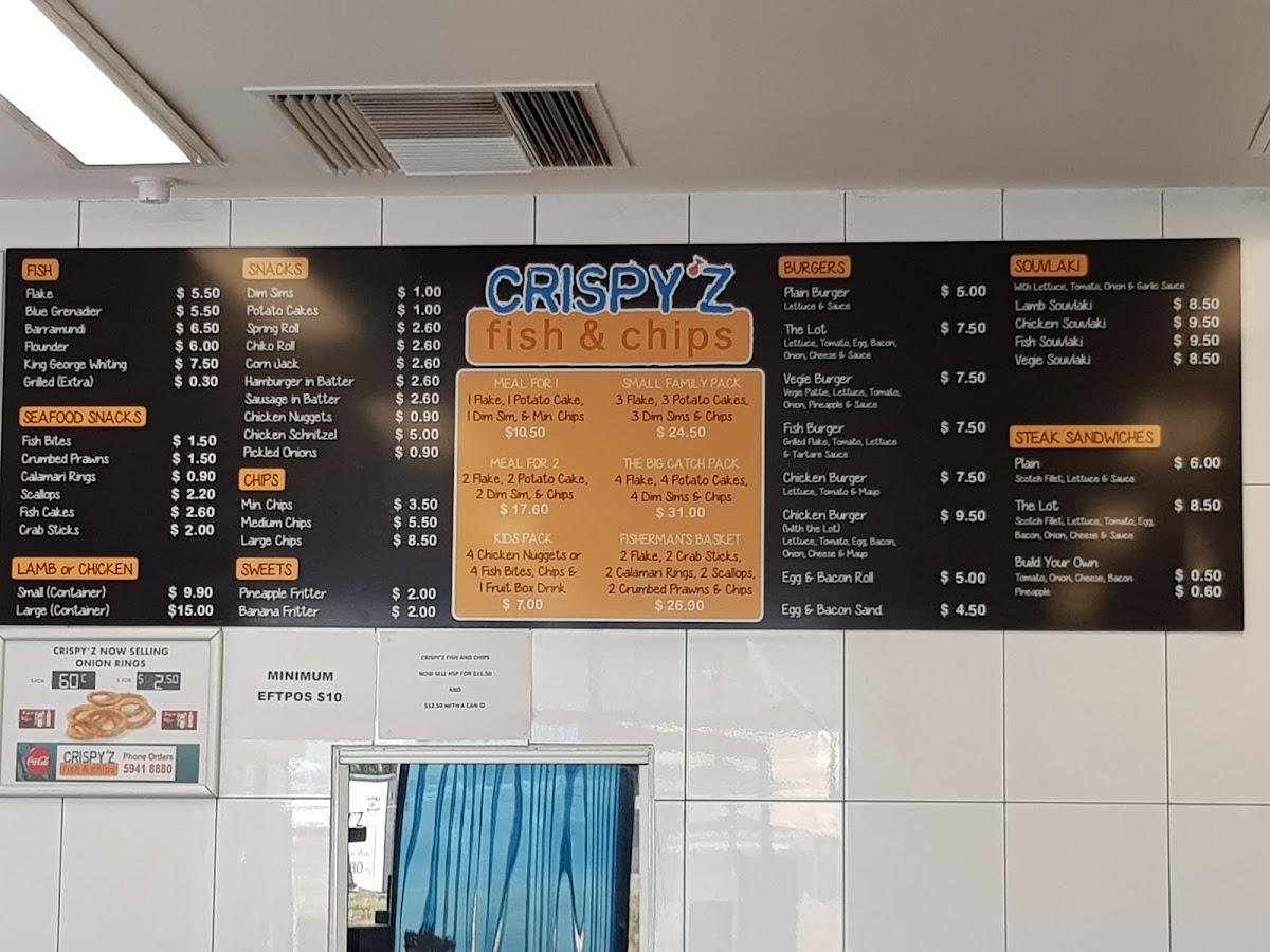 Menu at Crispy'z fish and chips restaurant, Pakenham