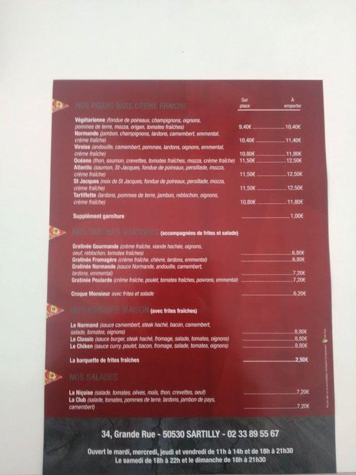 Menu at Pizzeria Sartillaise, Sartilly, 34 Grande Rue