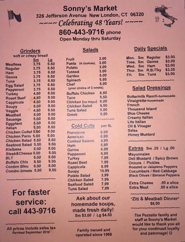 Menu at Sonny's Market restaurant, New London