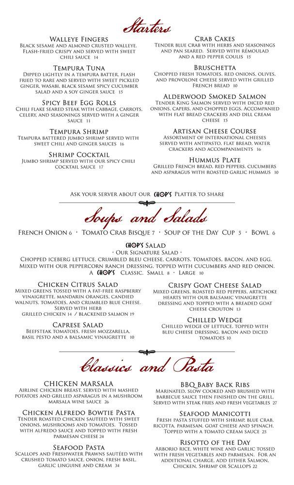 Menu at Chop's Steak & Seafood steakhouse, Fort Wayne