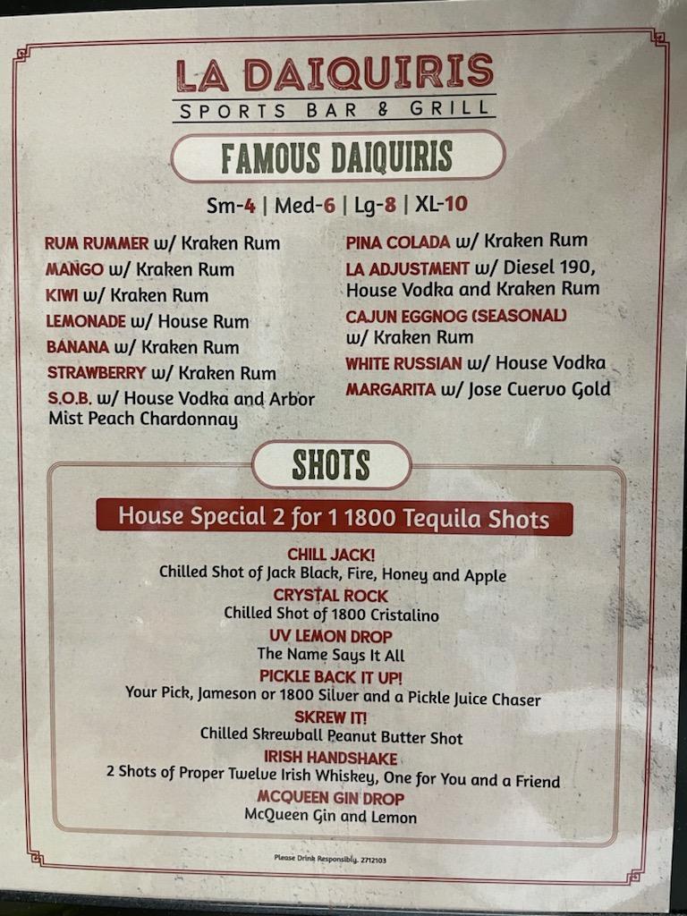 Menu at La Daiquiris Sports Bar & Grill, Baton Rouge