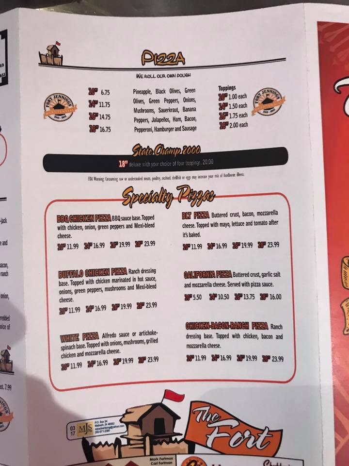 Menu at The Fort restaurant, Fort Jennings