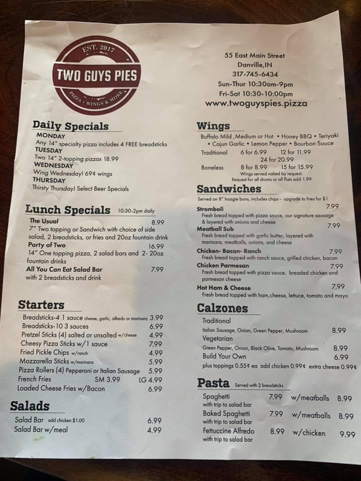 Menu at Two Guys Pies pizzeria, Danville