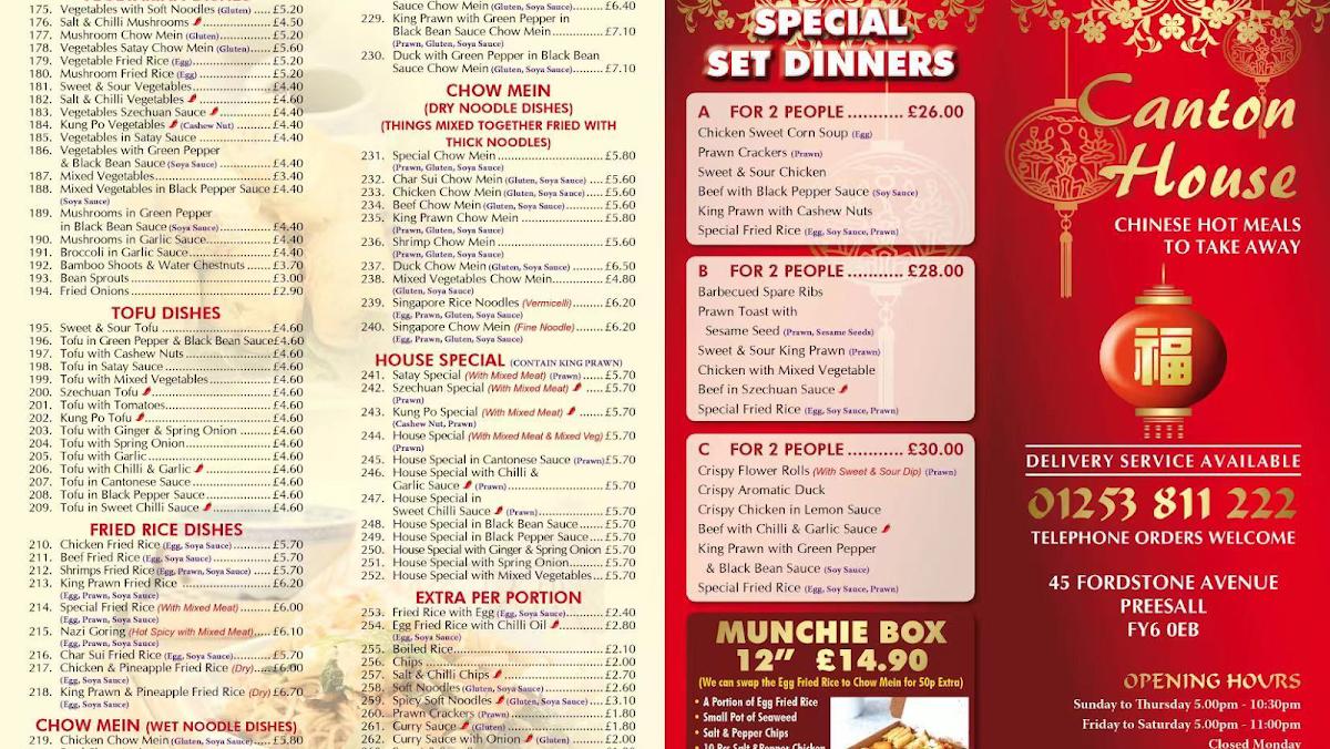 Menu at Canton House restaurant, Preesall