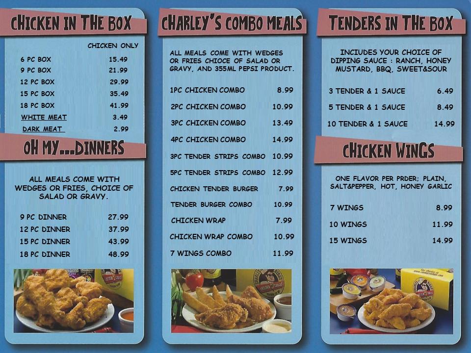 Menu at Charley Biggs' Chicken restaurant, Crowsnest Pass