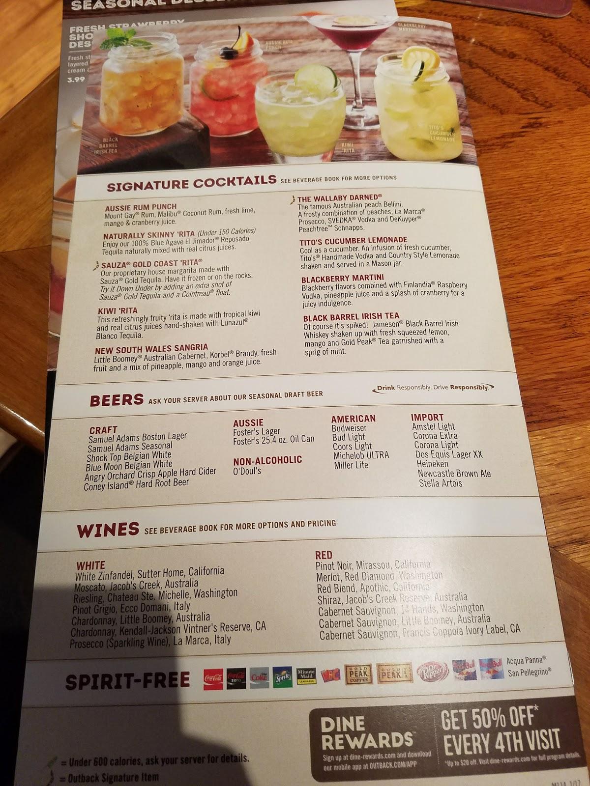 Menu at Outback Steakhouse, Hot Springs