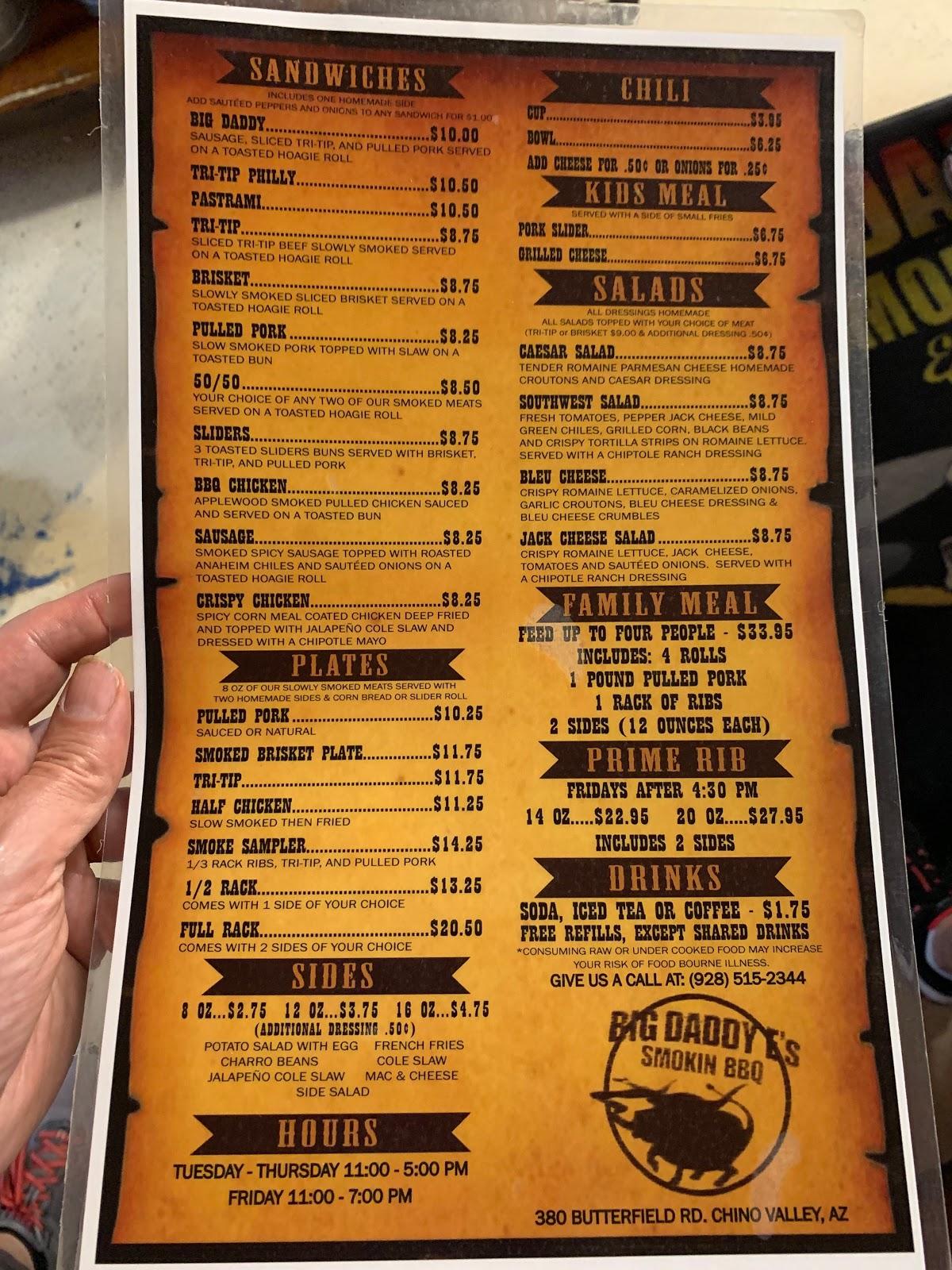 Menu at Big Daddy E's BBQ, Chino Valley