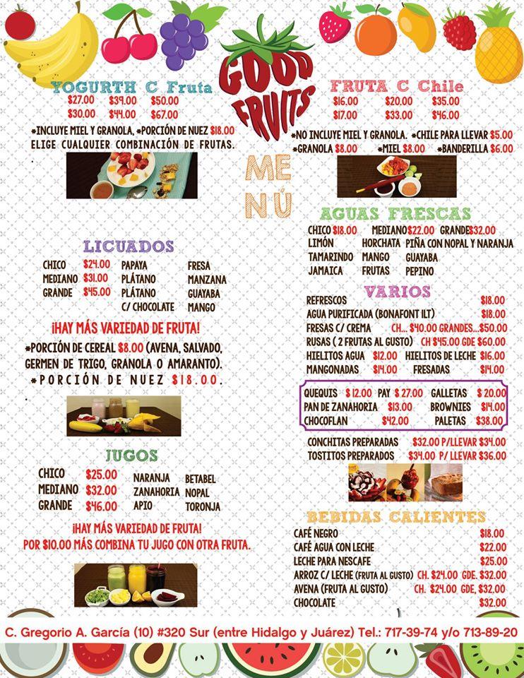 Menu at Good Fruits restaurant, Torreón