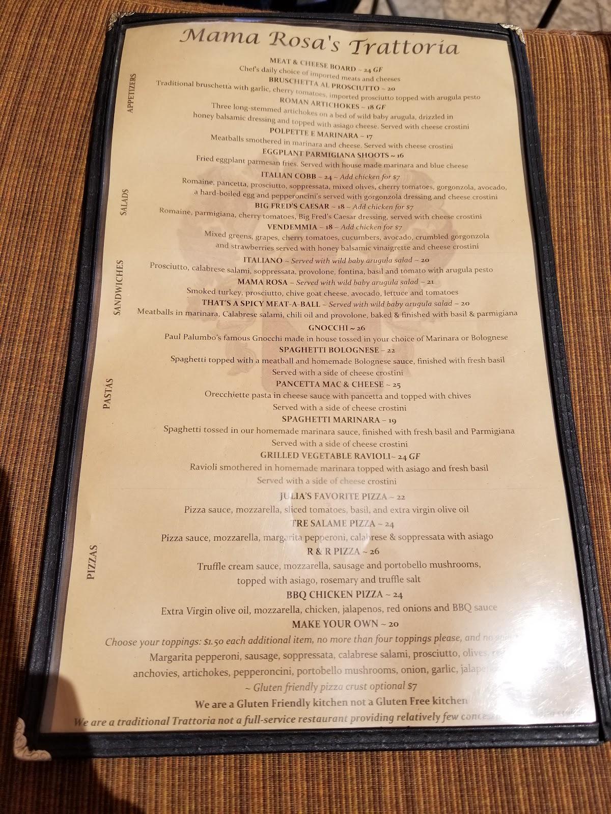 Menu at Mama Rosa's Trattoria pizzeria, Temecula