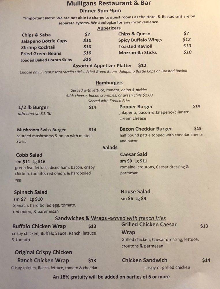 Menu at Mulligan's Restaurant & Bar, Raton