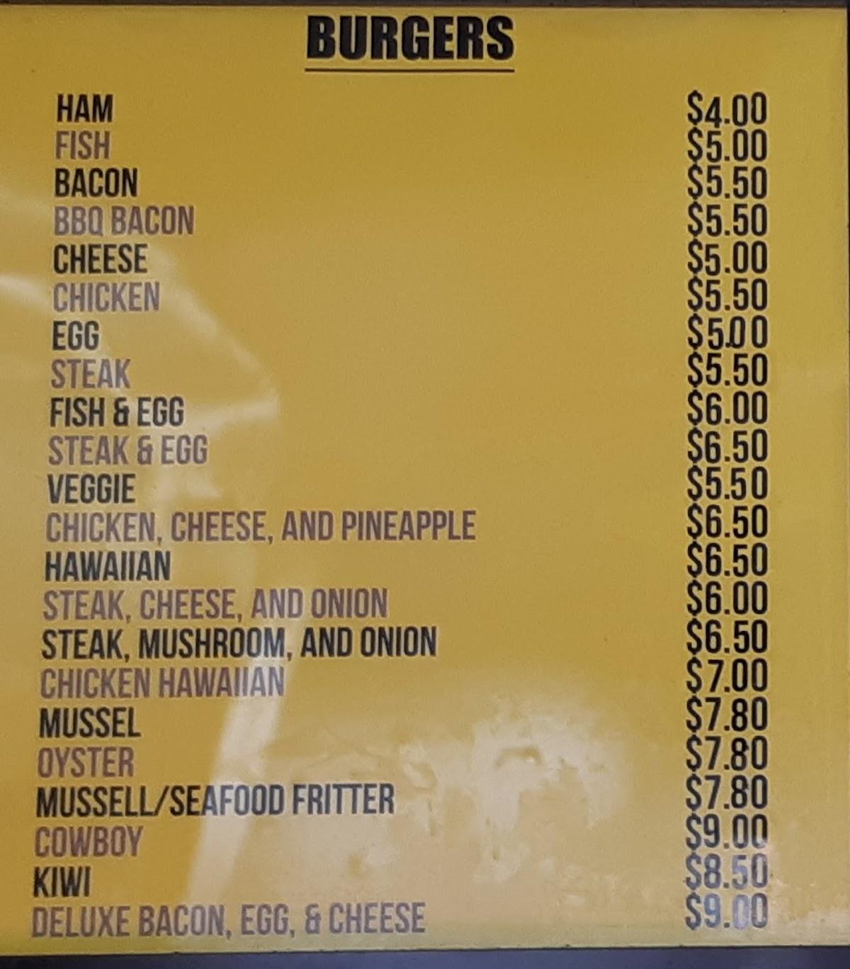 Menu at Tokoroa Kiwi Takeaways cafe, Tokoroa