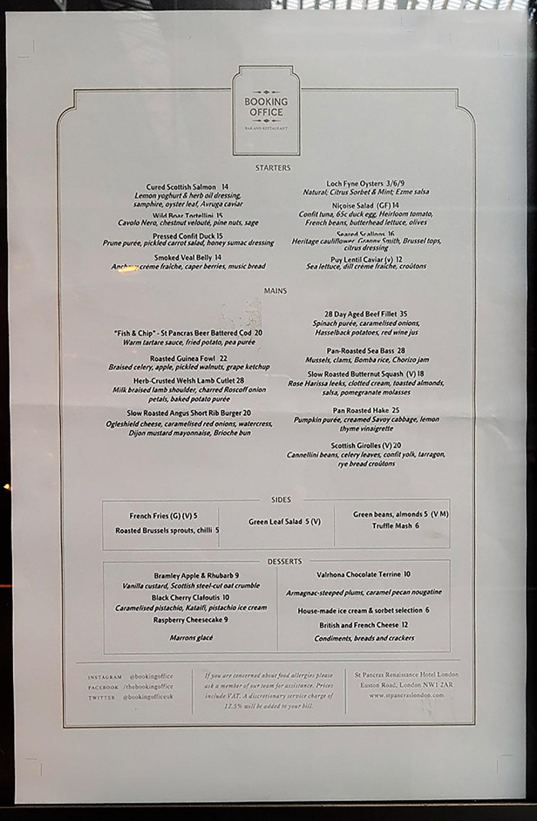 Menu at Booking Office 1869 pub & bar, London