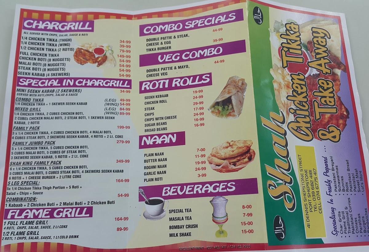 Menu at Shah Chicken Tikka restaurant, Port Shepstone