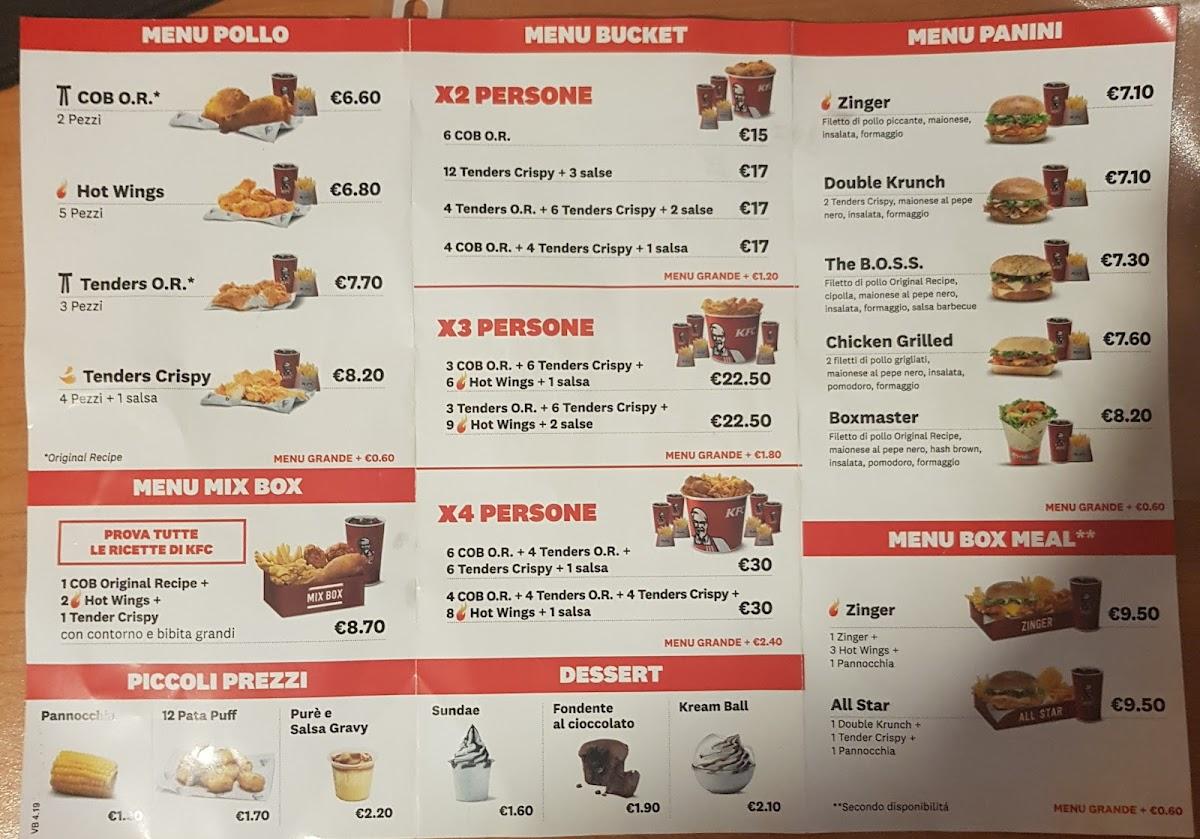 Speisekarte von KFC fast Food, Bologna