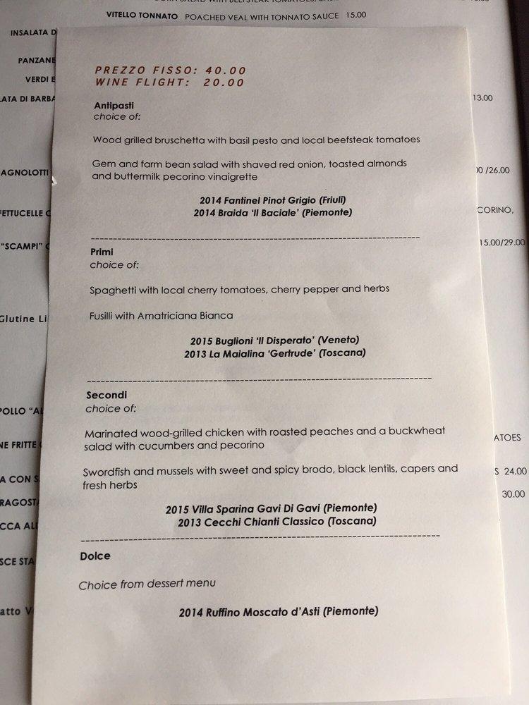 Menu at La Morra restaurant, Brookline