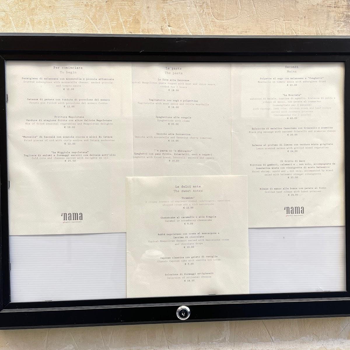 Menu at Nama Gusti Napoletani restaurant, Valletta