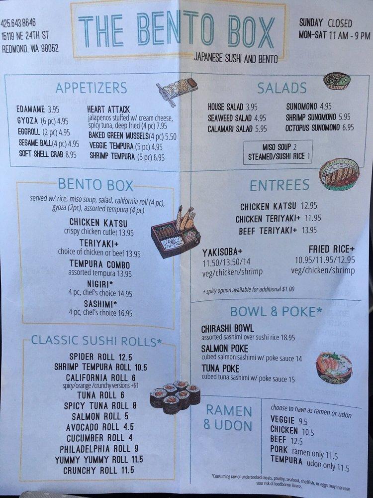 Menu at The Bento Box restaurant, Redmond