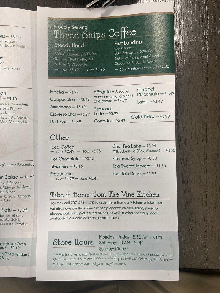 Menu at The Hubs Vine restaurant, Franklin