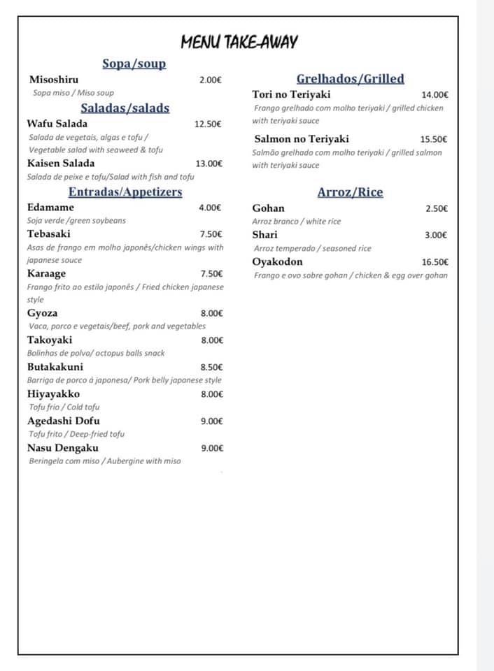 Menu em Bonsai restaurante, Lisboa, R. da Rosa 248