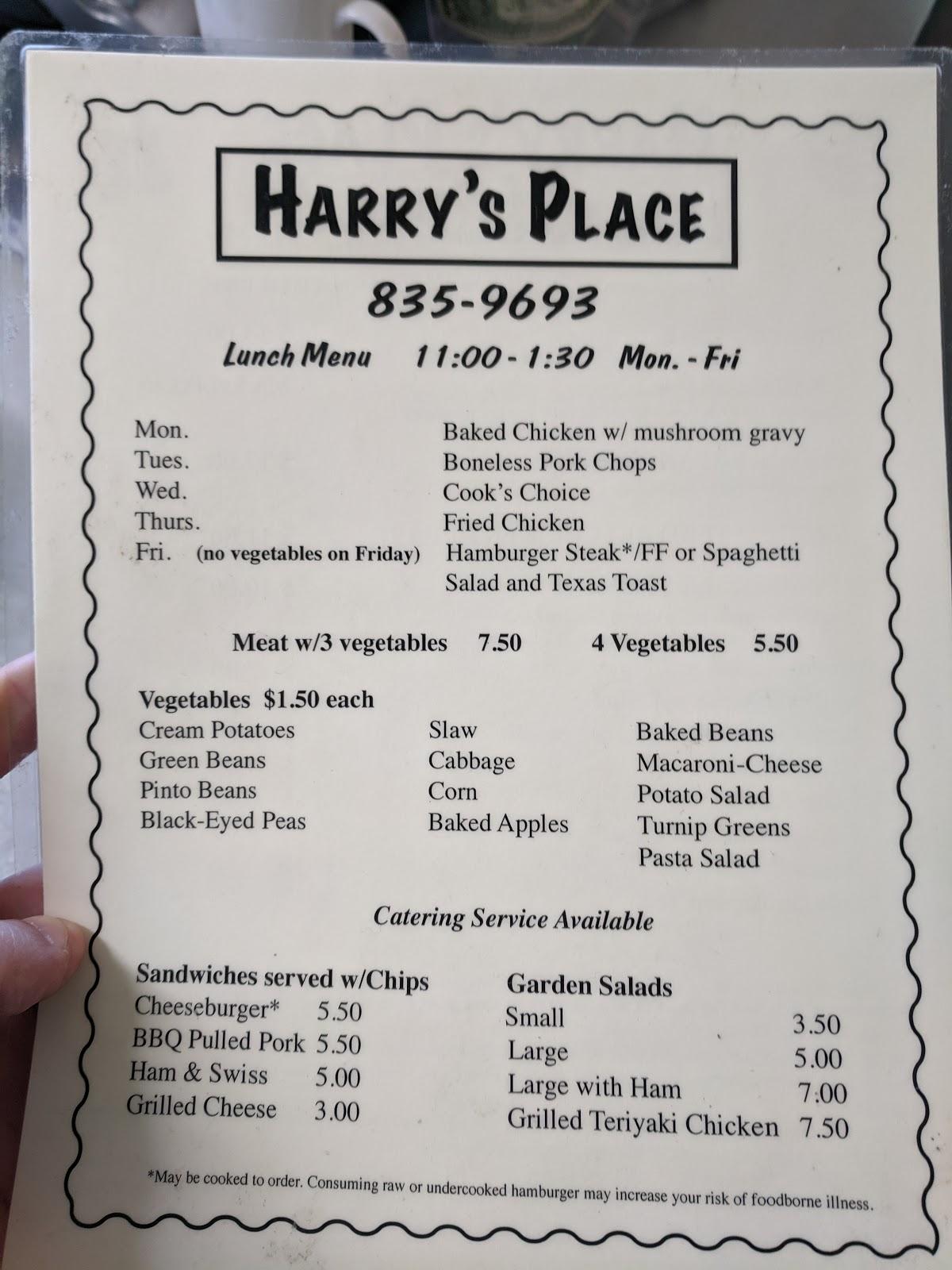 Menu at Harry's Place steakhouse, Elkin