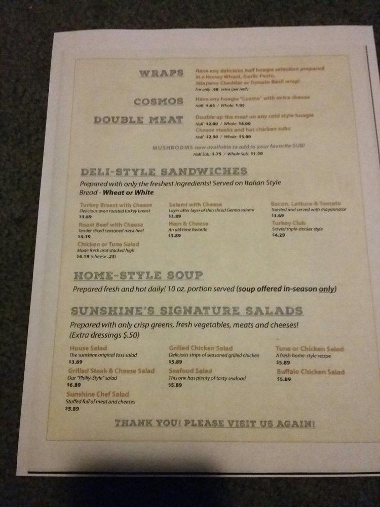 Menu at Sunshine 6Packs and Subs pub & bar, Montoursville
