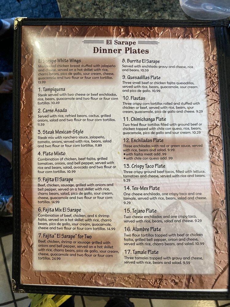 Menu at El Sarape restaurant, Little RiverAcademy