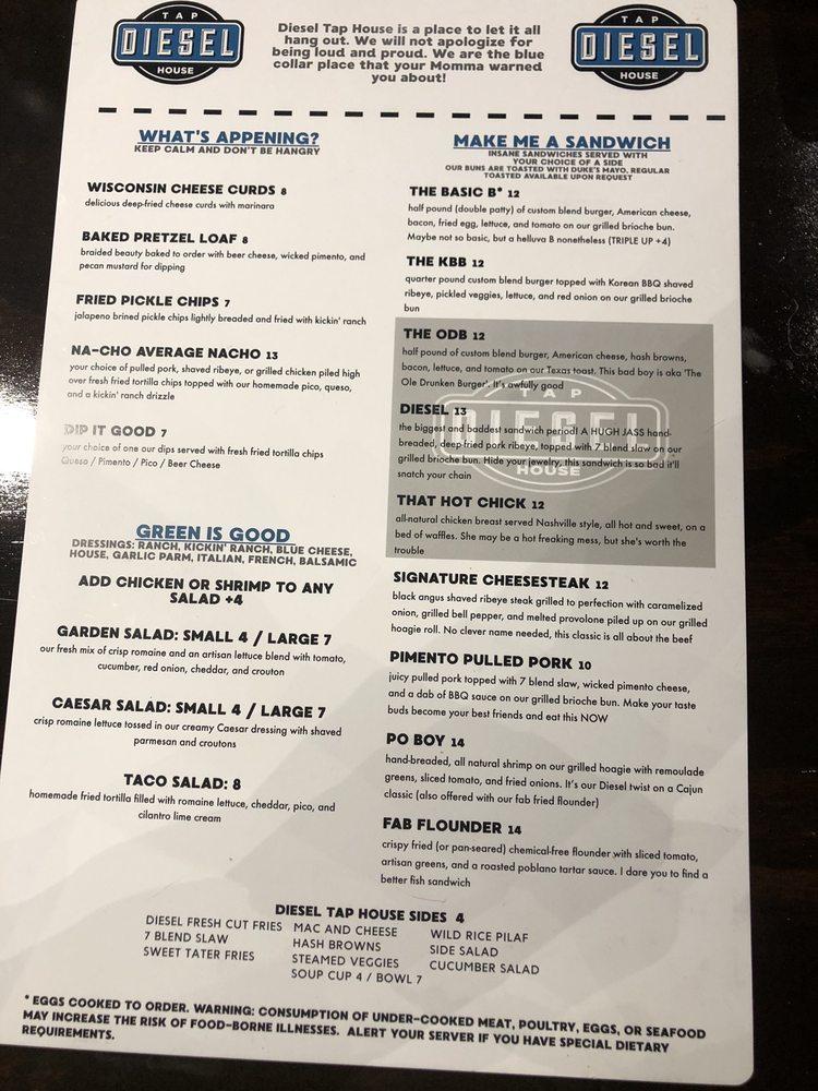 Menu at Diesel Tap House pub & bar, Buford