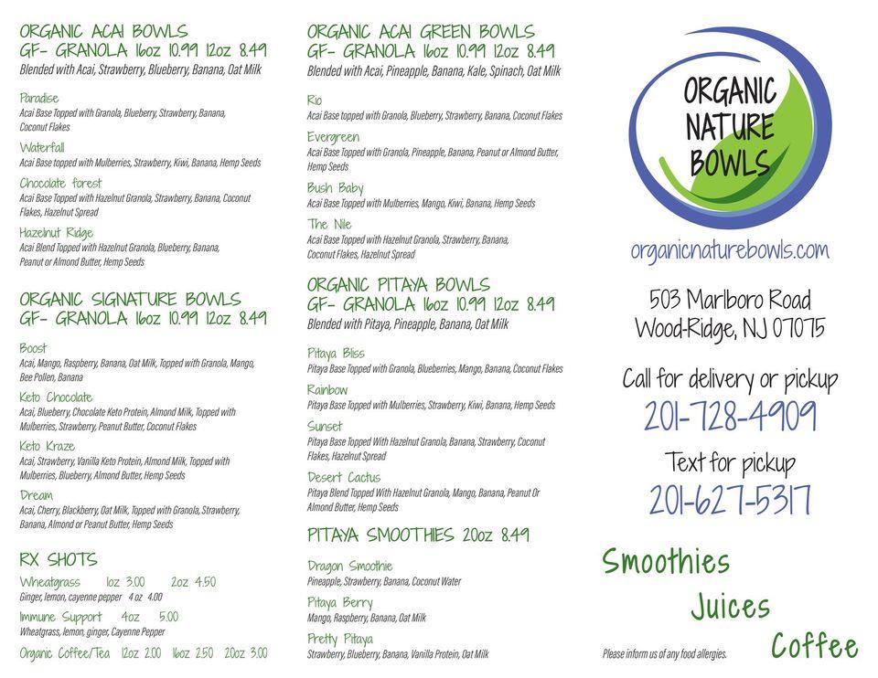 Menu at ORGANIC NATURE BOWLS pub & bar, WoodRidge