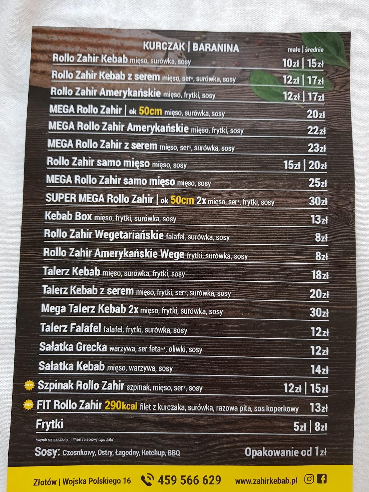 Menu At Zahir Kebab Restaurant Zlotow