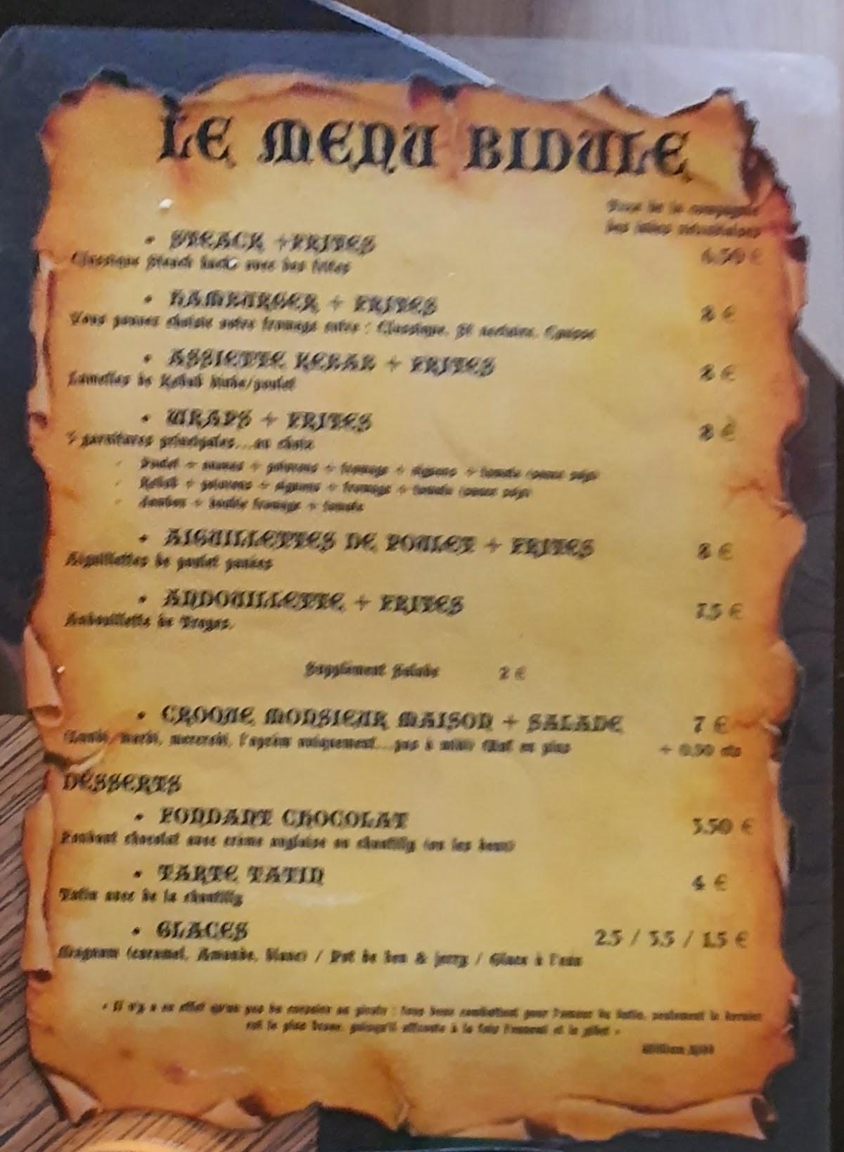 Menu au Le Bidule Wooden leg pub et bar Noirétable