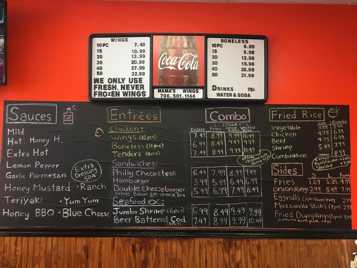 Menu at Mama’s Wings restaurant, West Point