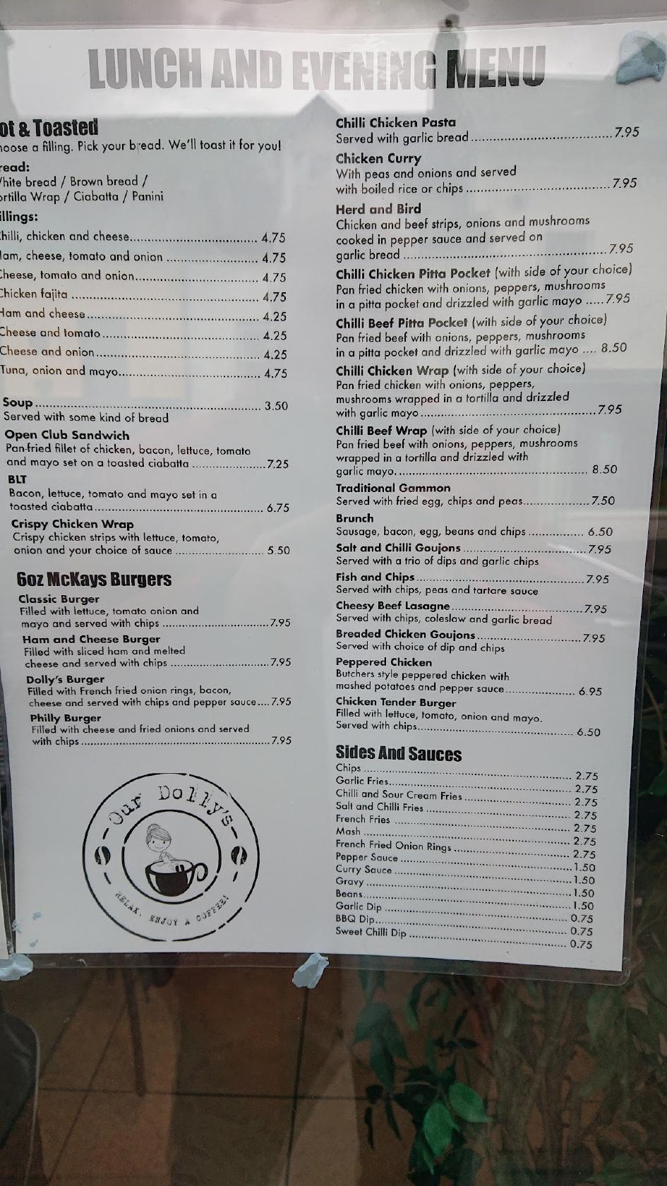 Menu at Our Dolly's cafe, Ballycastle