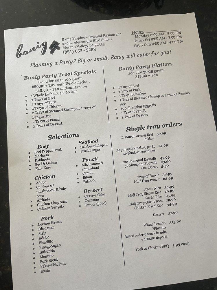 Menu at Banig Restaurant, Moreno Valley, Alessandro Blvd STE F
