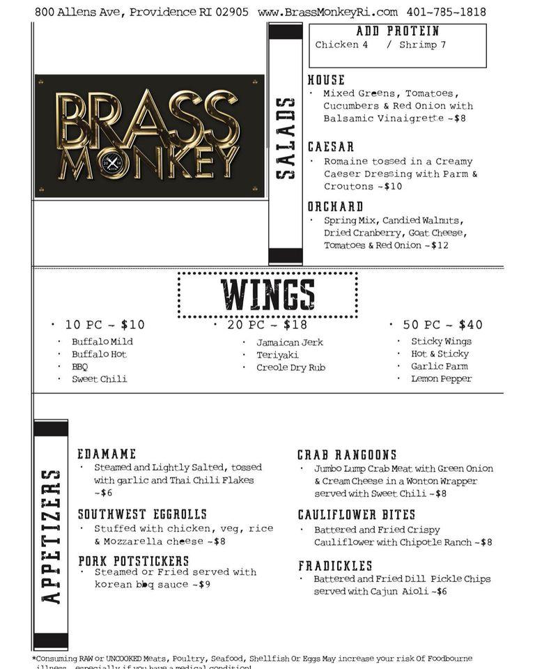 Menu at Brass Monkey pub & bar, Providence