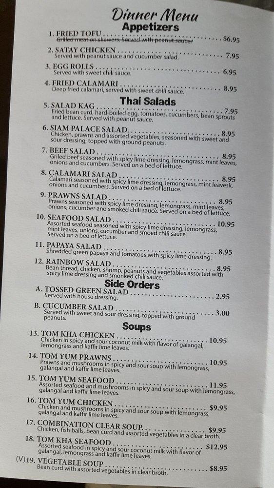 Menu at Siam Palace Thai Cuisine restaurant, Hayward