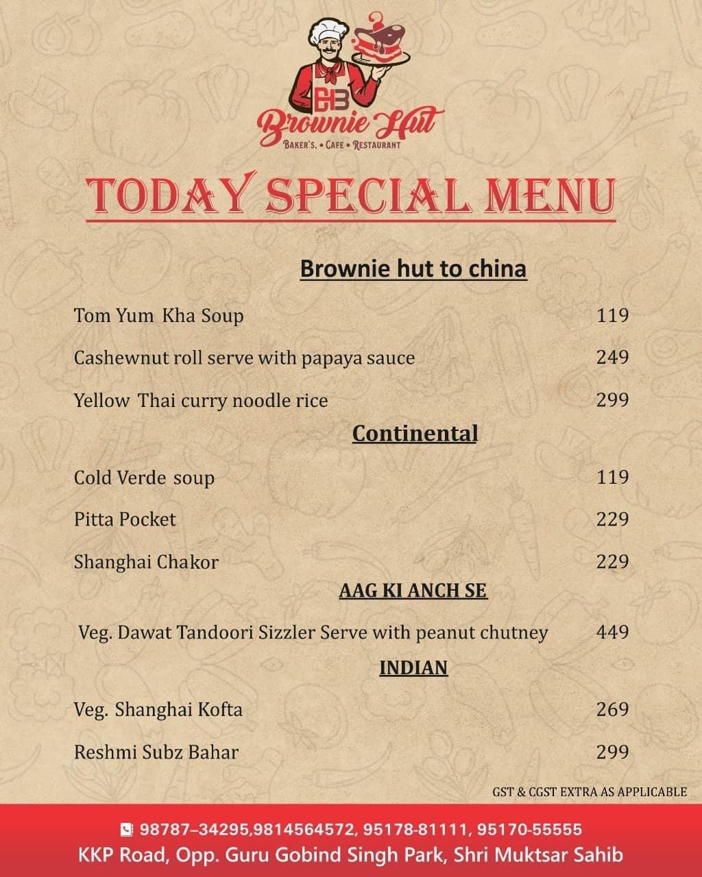Menu at Brownie Hut Bakers Café Restaurant, Sri Muktsar Sahib