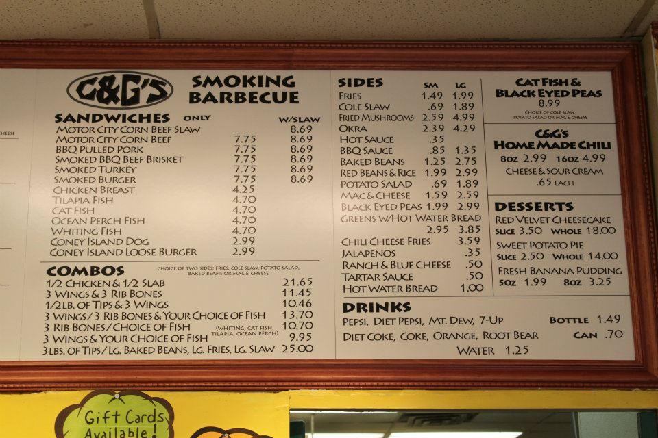 Menu at C & G's Smoking Barbeque, Minneapolis