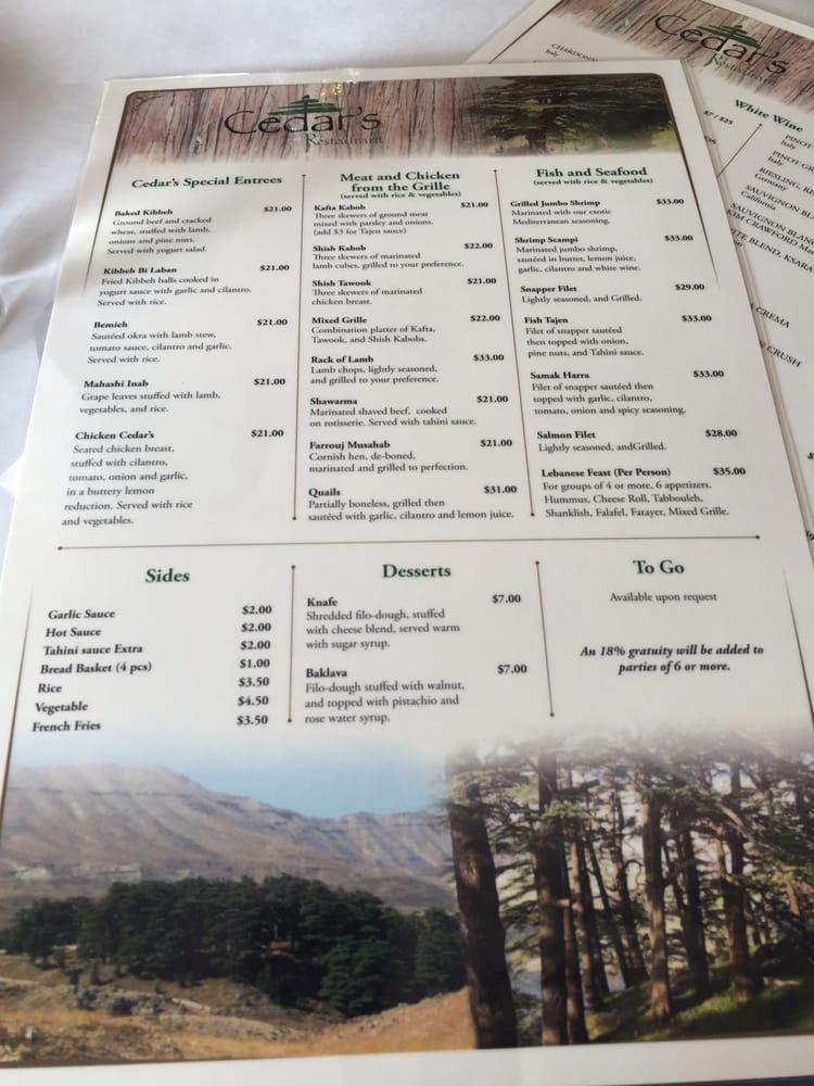 Menu at Cedars Restaurant, Orlando, W Sand Lake Rd