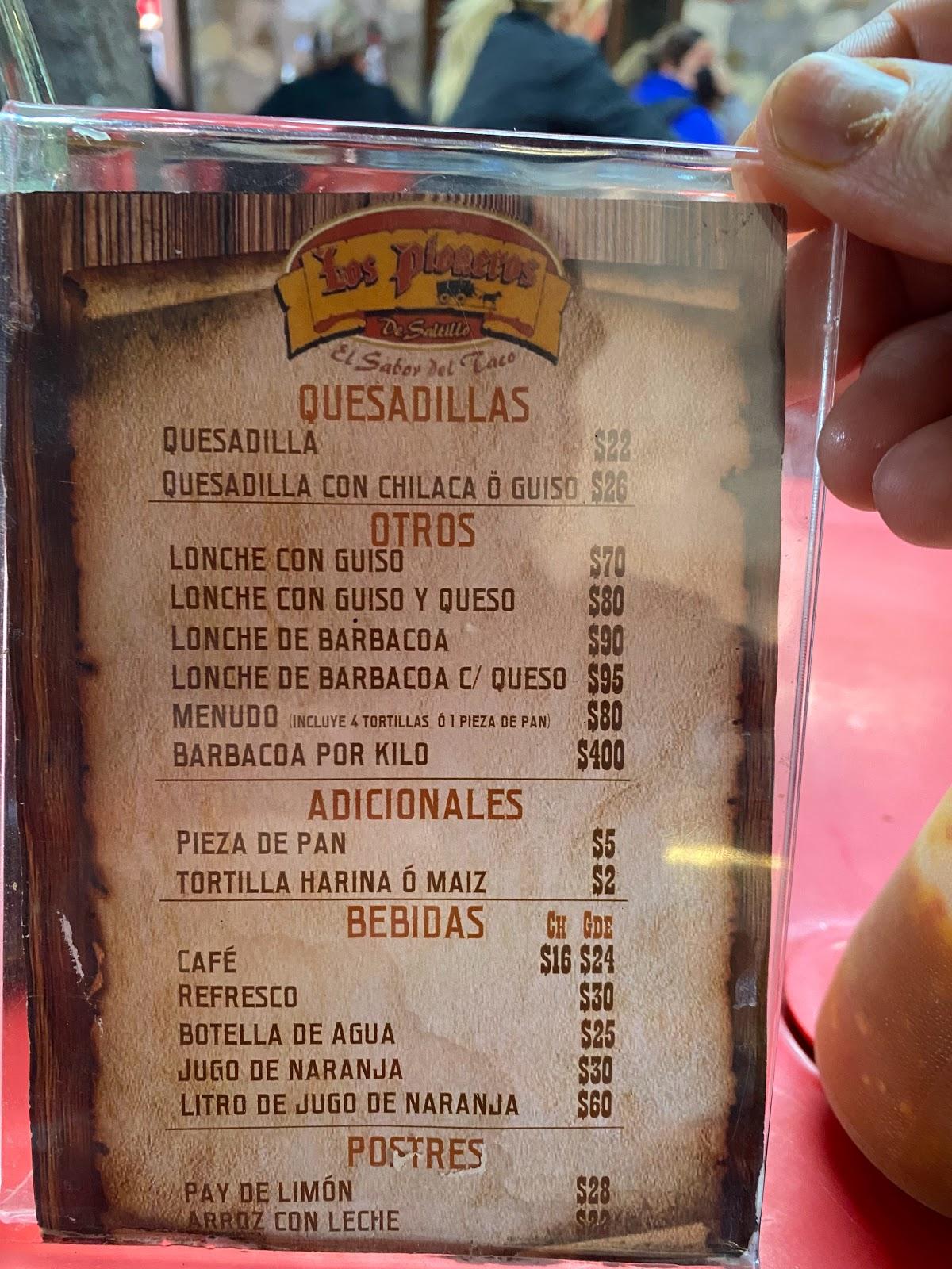 Menu at Los Pioneros restaurant, Saltillo, Carr. Monterrey Saltillo 25000