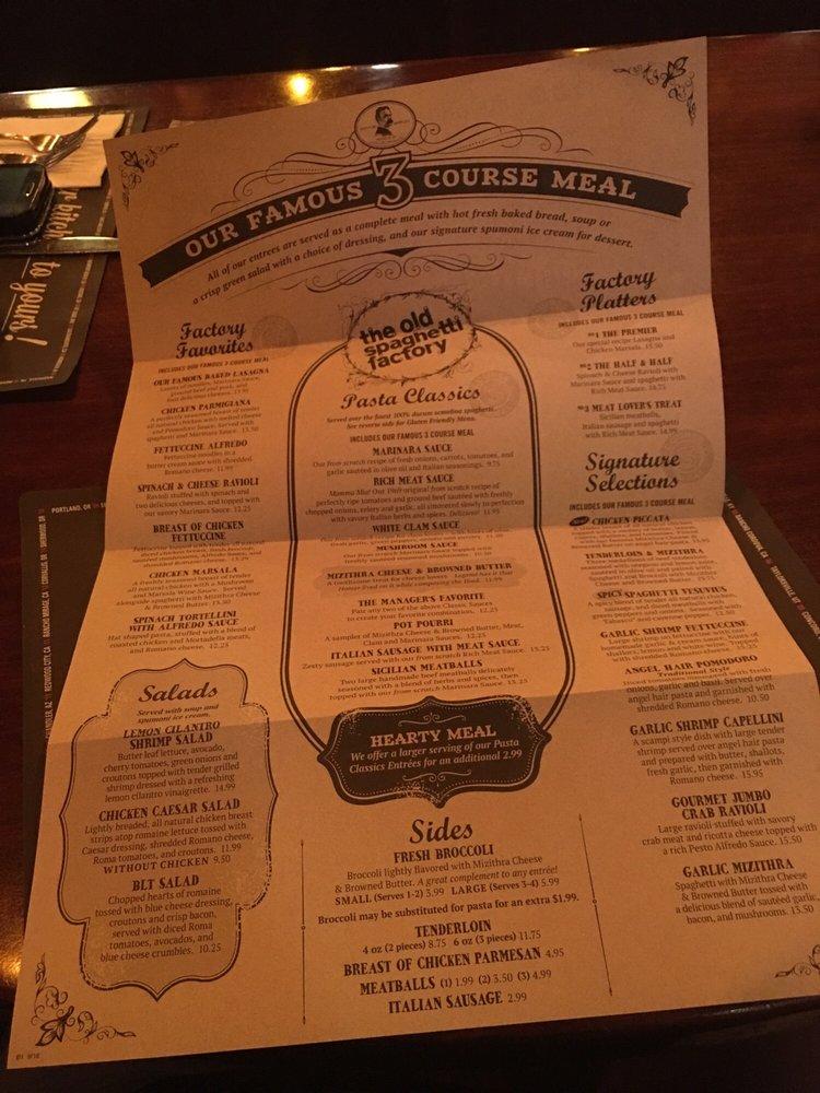 Menu at The Old Spaghetti Factory restaurant, Rancho Cucamonga