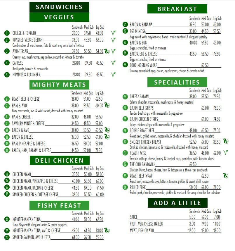 Menu at The Sandwich Shop
