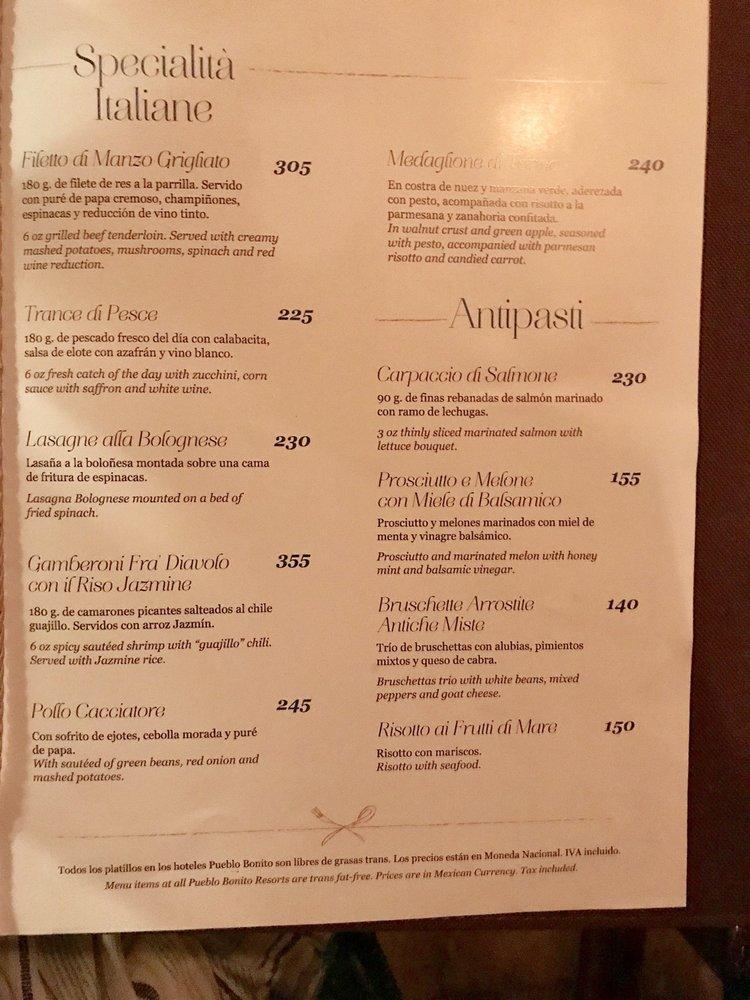 Menu at Angelo's restaurant, Mazatlán