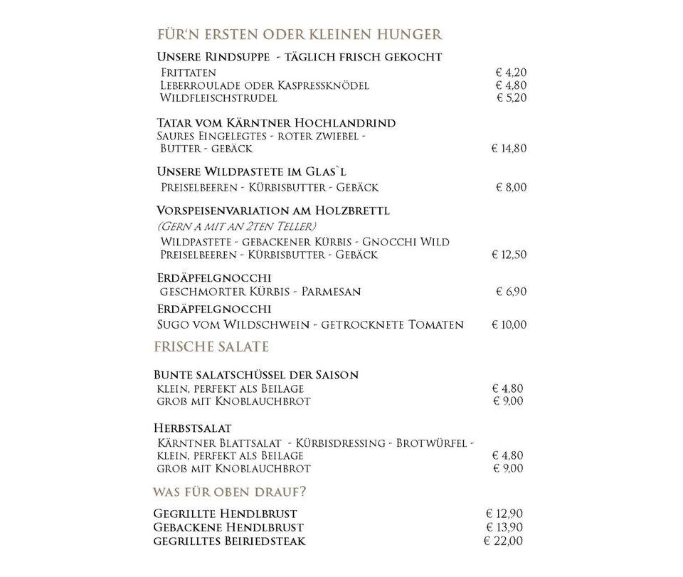 Carta Del Restaurante Gasthof Hopf, Villach