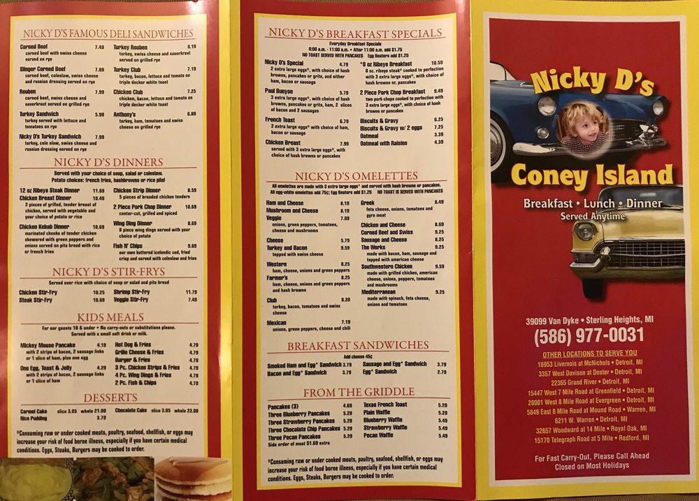 Menu at Nicky D’s Coney Island restaurant, Sterling Heights, Van Dyke Ave