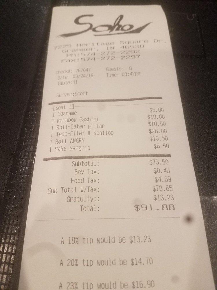 Menu at Soho Japanese Bistro restaurant, Granger