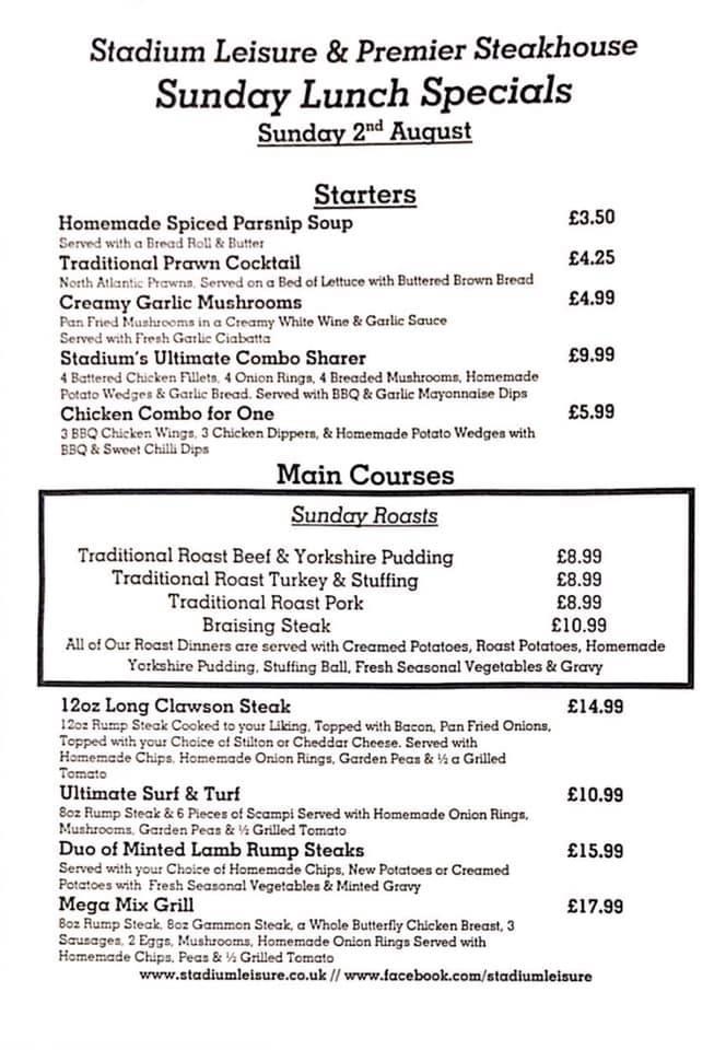 Menu at Stadium Leisure & Premier Steak House pub & bar, Nottingham
